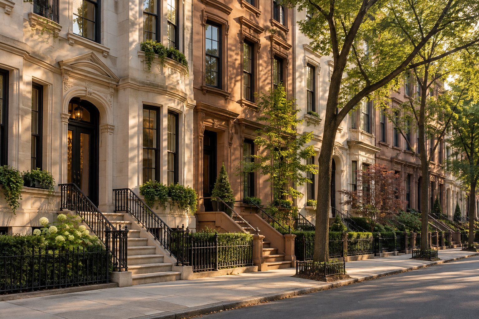 Limestone and brownstone townhouses on a quiet Manhattan street at golden hour