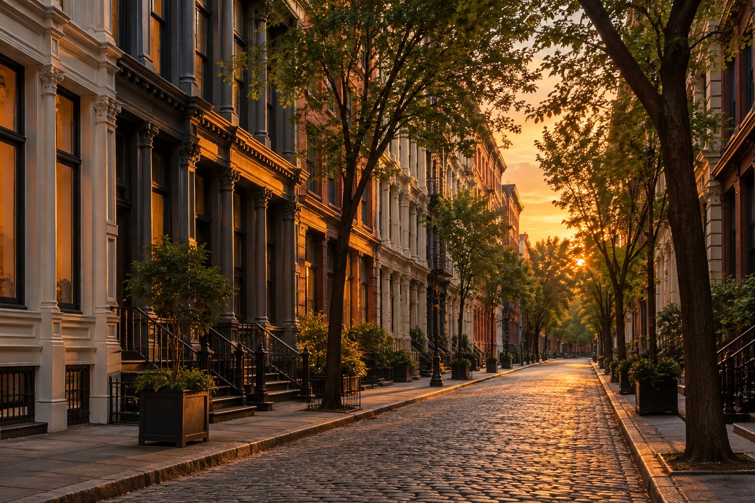 A tree lined Manhattan street at sunset, illustrative