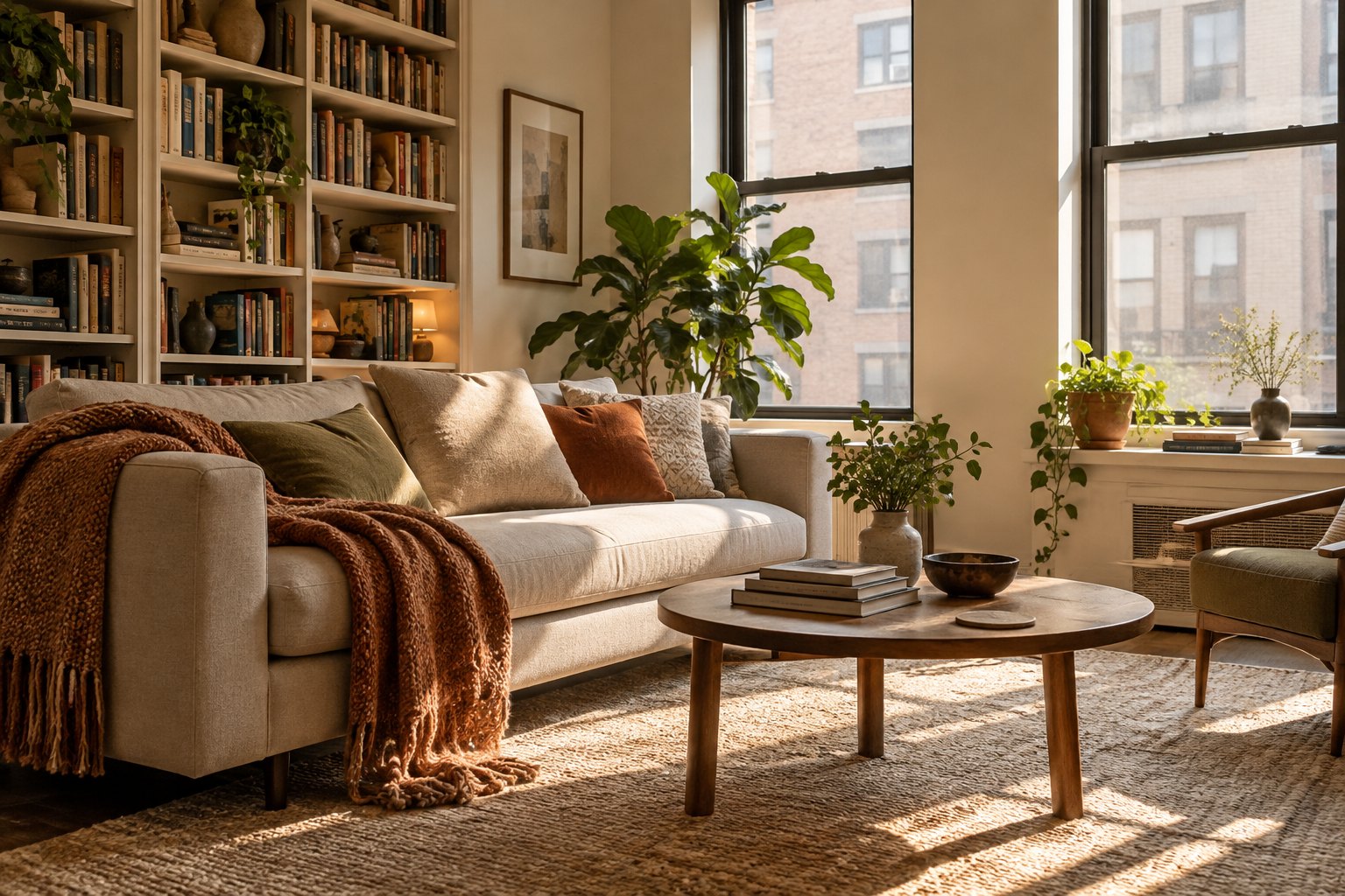 A cozy New York family room, illustrative